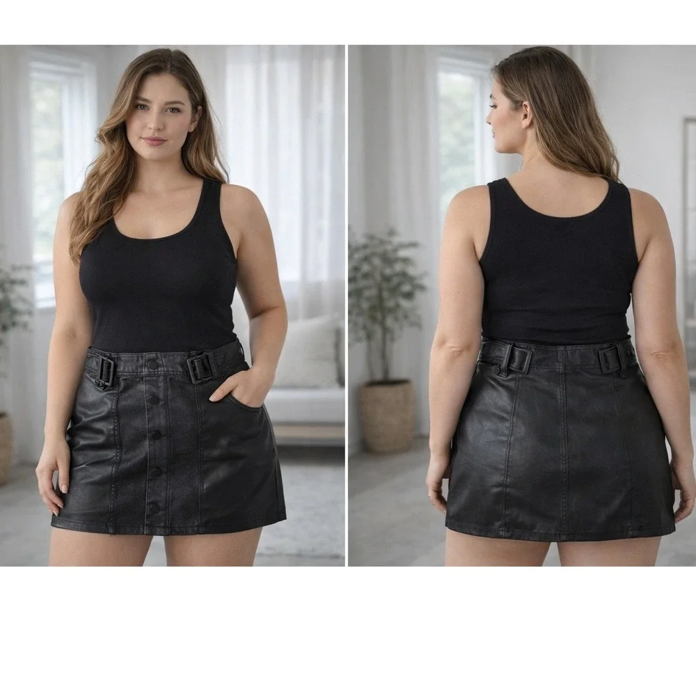 Signature 8‎ Faux Leather Denim Skirt Women Size M Black Moto Grunge Goth Mini